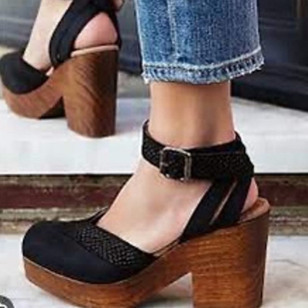 Free People Black Leather and Brown Wood Platform Clogs
